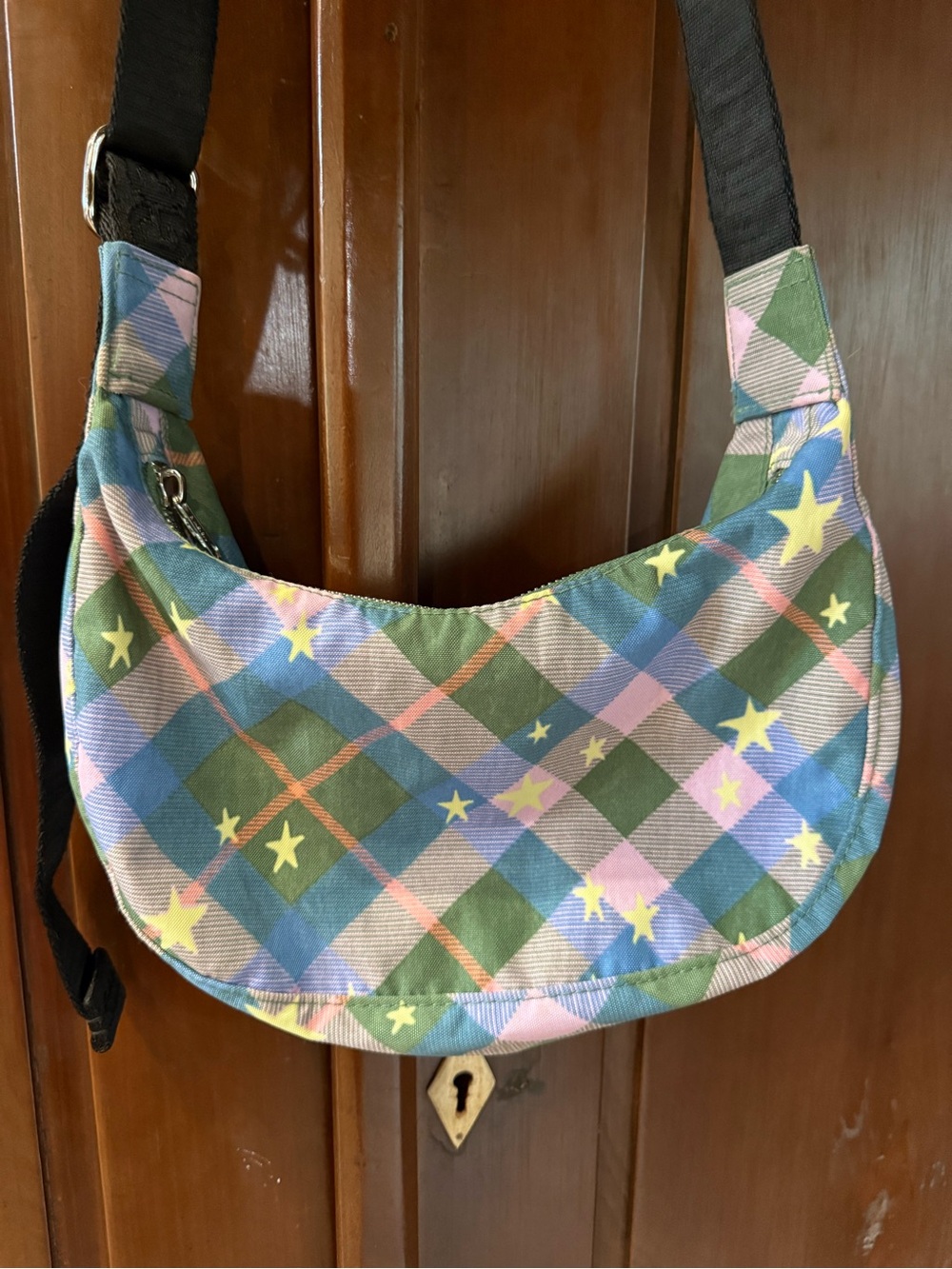 BAGGU Green Star Plaid Small Crescent Shoulder Bag